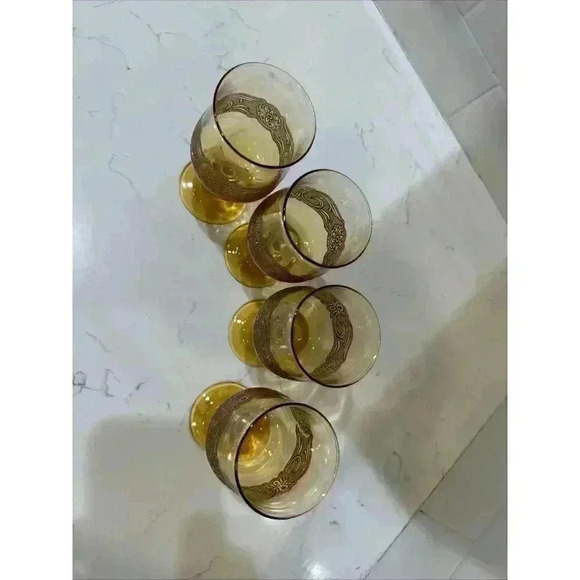 4 Vintage Libbey Americana Amber Stemmed Wine Glasses Goblets Embossed 8 Oz. - Picture 6 of 14